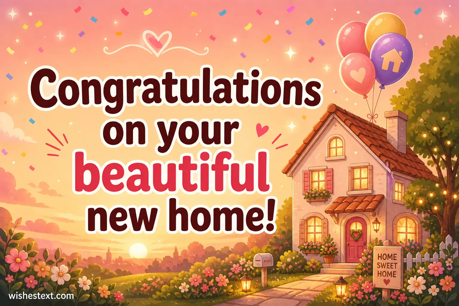 Whimsical illustrated house with balloons and sunset celebrating a new home, featuring a congratulatory quote about a beautiful new home.