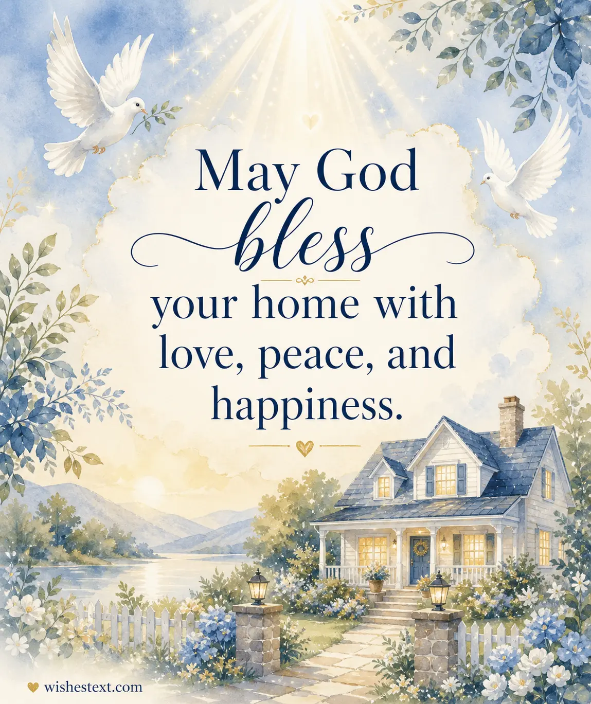 Soft watercolor house with peaceful glowing surroundings symbolizing blessings, love, and happiness in a new home.
