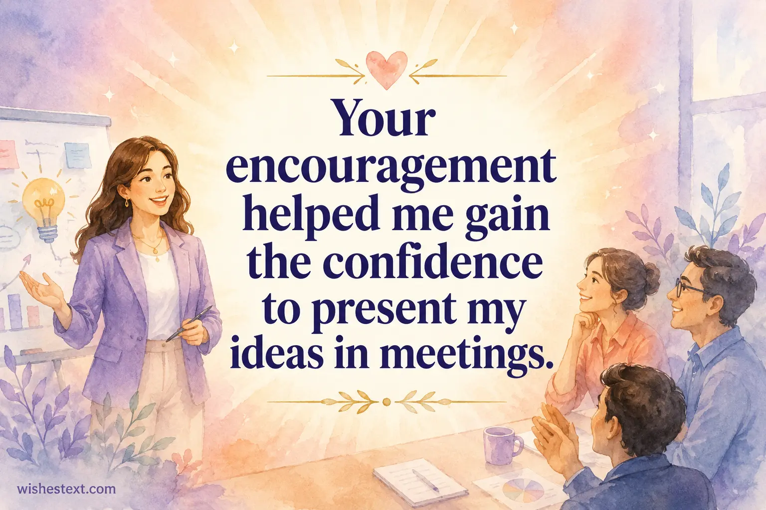 2. Soft watercolor illustration showing a person confidently presenting ideas, representing encouragement and confidence-building from a supportive boss.