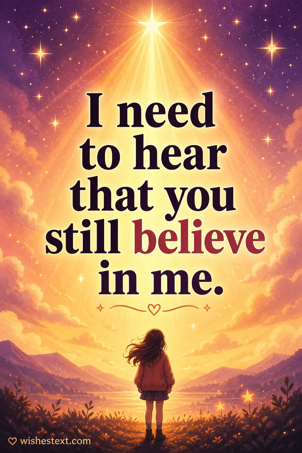 A warm illustrated sky with glowing stars symbolizing encouragement and emotional support, featuring a quote about needing reassurance and belief from someone.