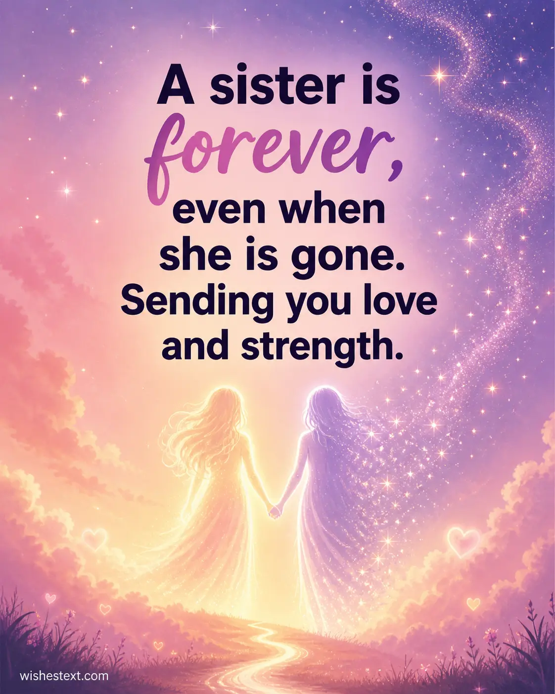 Pastel symbolic artwork showing eternal sister bond with emotional quote about love and strength after loss