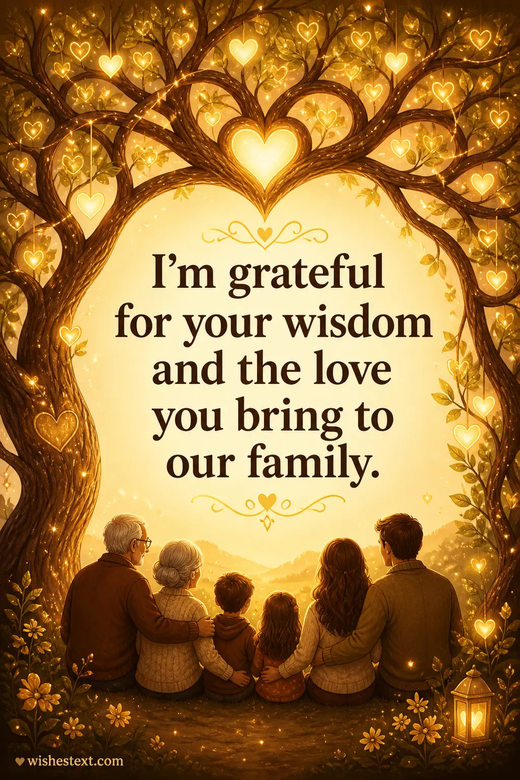 Warm glowing family tree illustration symbolizing love and wisdom appreciation message for a caring mother-in-law