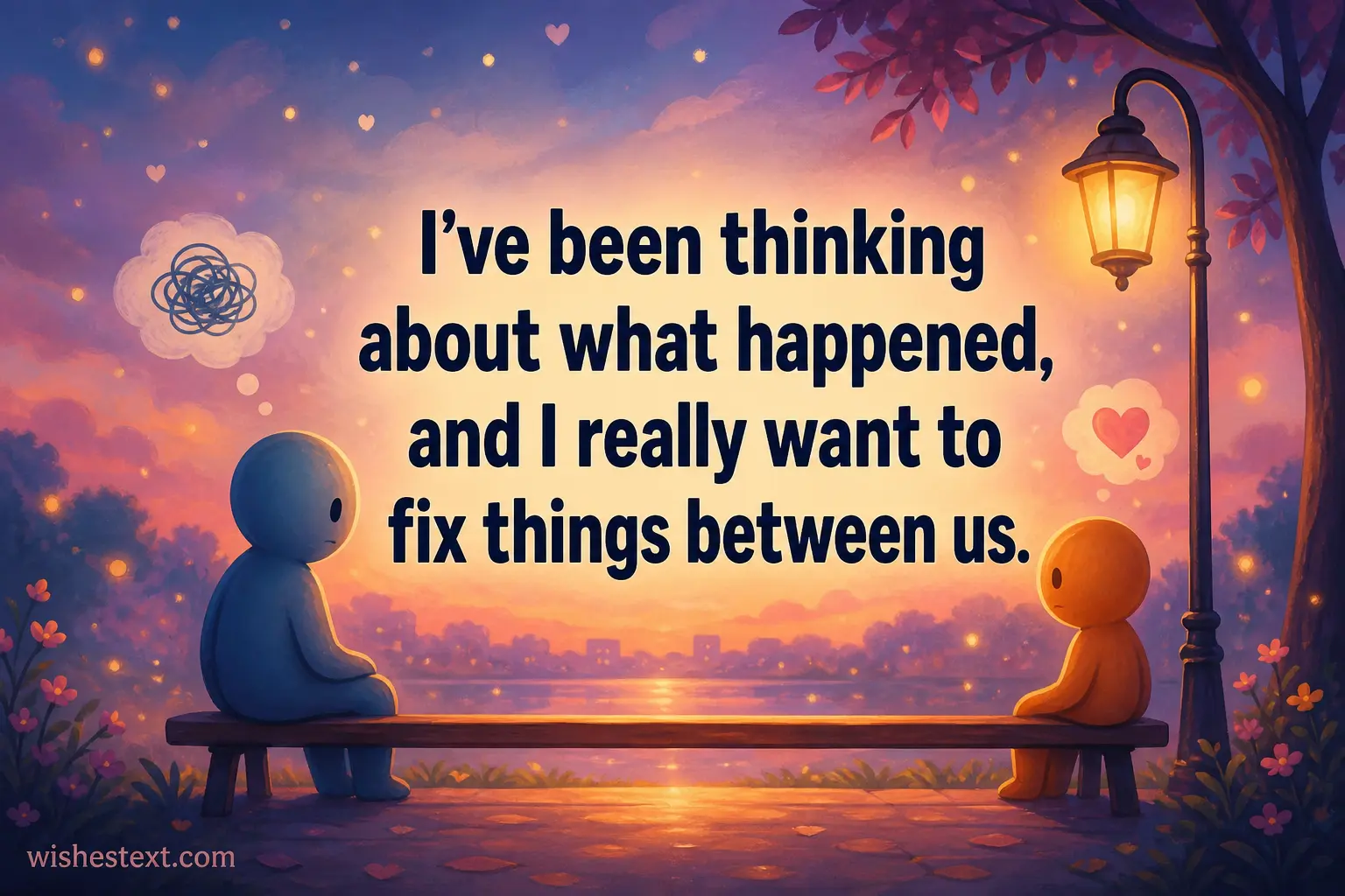 Illustration of two people sitting apart under a soft glowing light reflecting on a desire to fix a broken relationship with a heartfelt quote