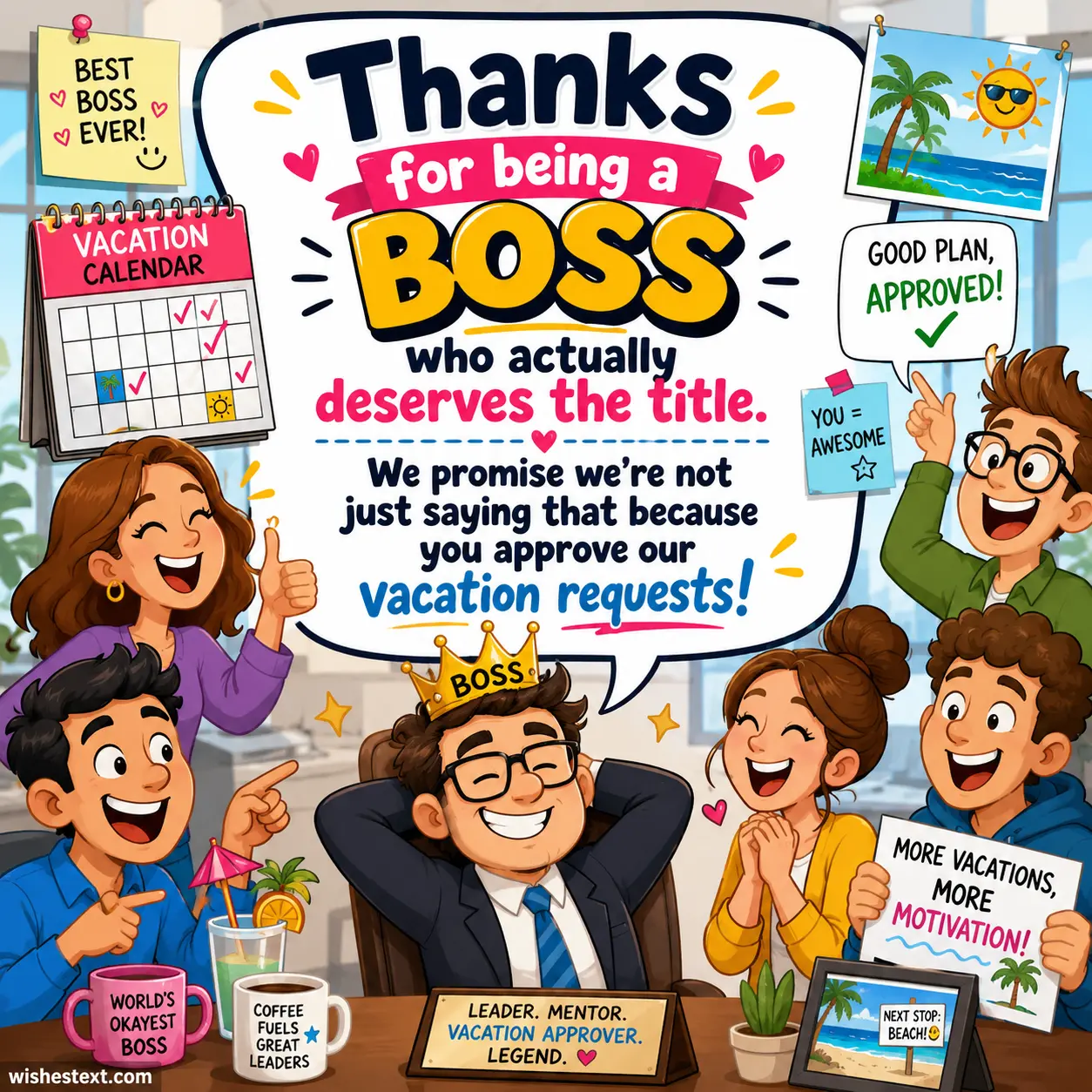 4. Playful cartoon-style image of a happy boss and team with a humorous appreciation quote highlighting leadership and vacation approval jokes.
