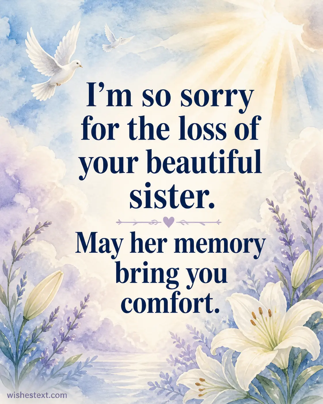 Soft watercolor sky illustration expressing sympathy for loss of sister with comforting quote about memory and healing