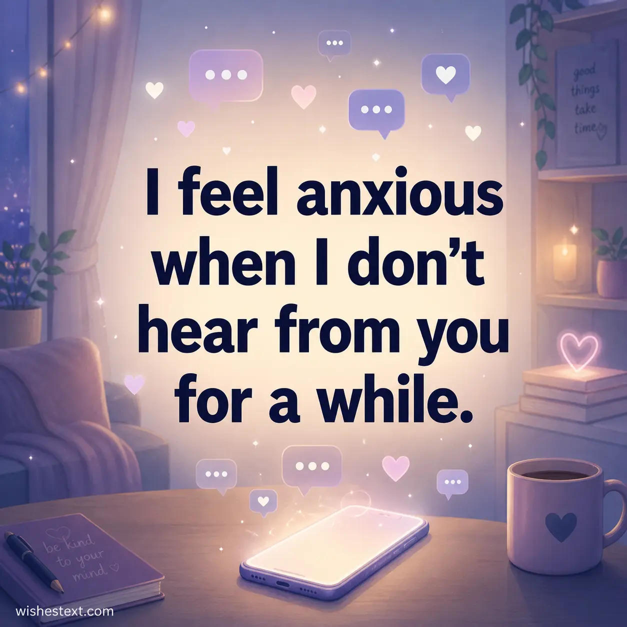 A soft illustrated scene of a cozy room with a glowing phone and emotional atmosphere representing anxiety when not hearing from someone, with a reassurance quote about communication.