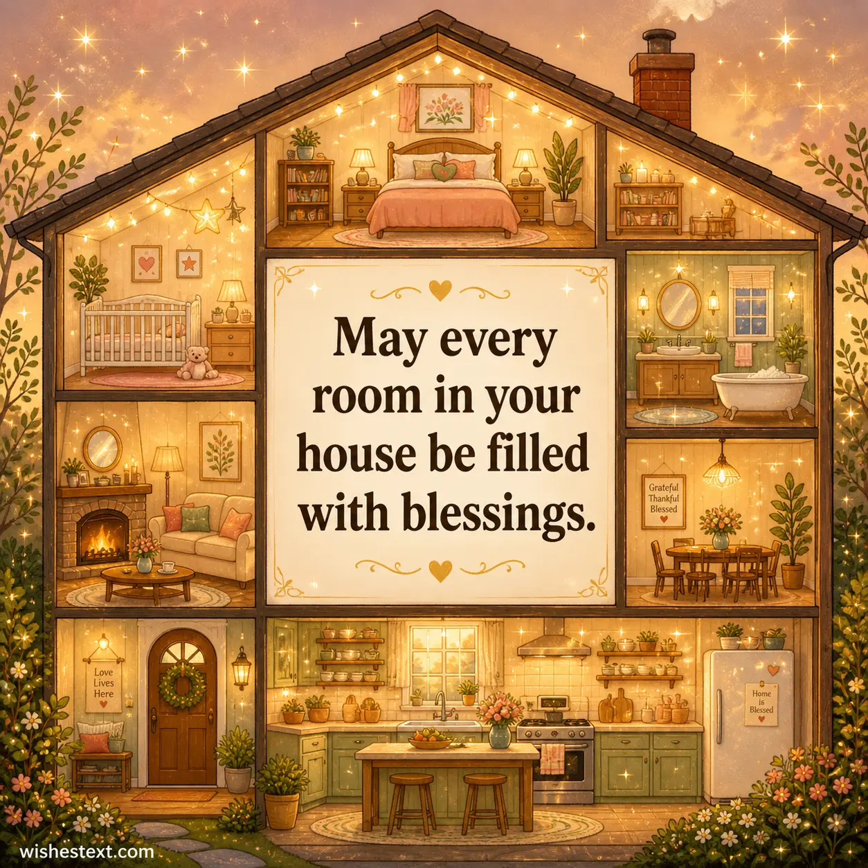 Charming illustrated house with multiple glowing rooms representing blessings in every space, paired with a heartfelt home blessing quote.