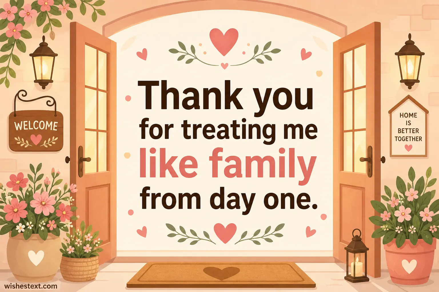 Cozy illustrated welcoming home with soft pastel tones symbolizing appreciation for a mother-in-law treating someone like family from the beginning
