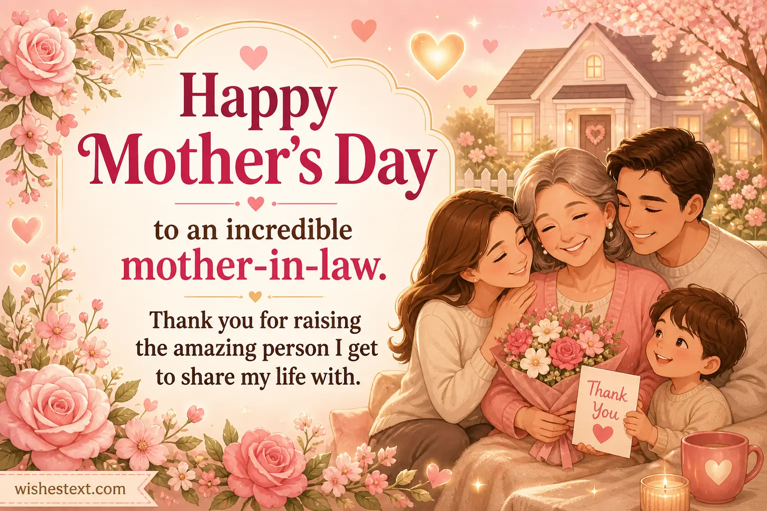 Whimsical illustrated home scene with flowers and hearts expressing gratitude to a mother-in-law for raising a wonderful partner, warm Mother's Day message