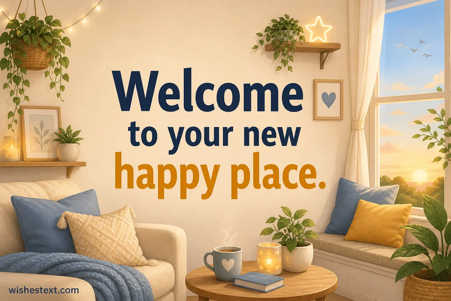 Cozy stylized interior scene representing comfort and happiness in a new home with a welcoming message about a happy place.