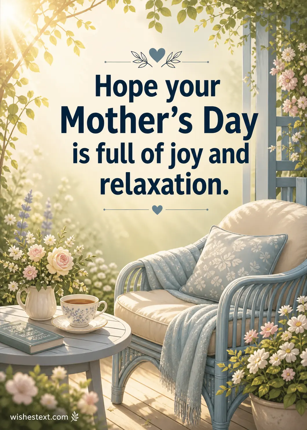 Peaceful garden illustration with calming elements representing a relaxing Mother's Day wish filled with joy and tranquility