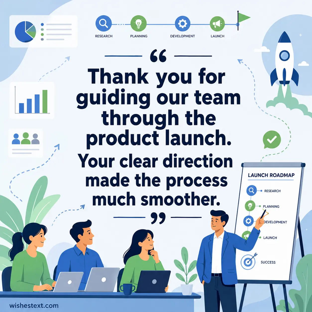 1. Illustration of a team being guided smoothly during a product launch with a leadership appreciation quote about clear direction and teamwork success.