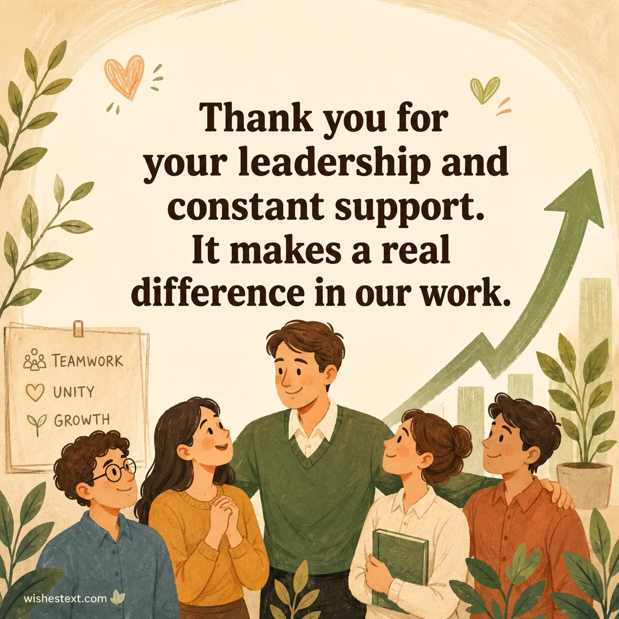 3. Hand-drawn style image depicting teamwork and supportive leadership with a heartfelt appreciation message about constant support at work.