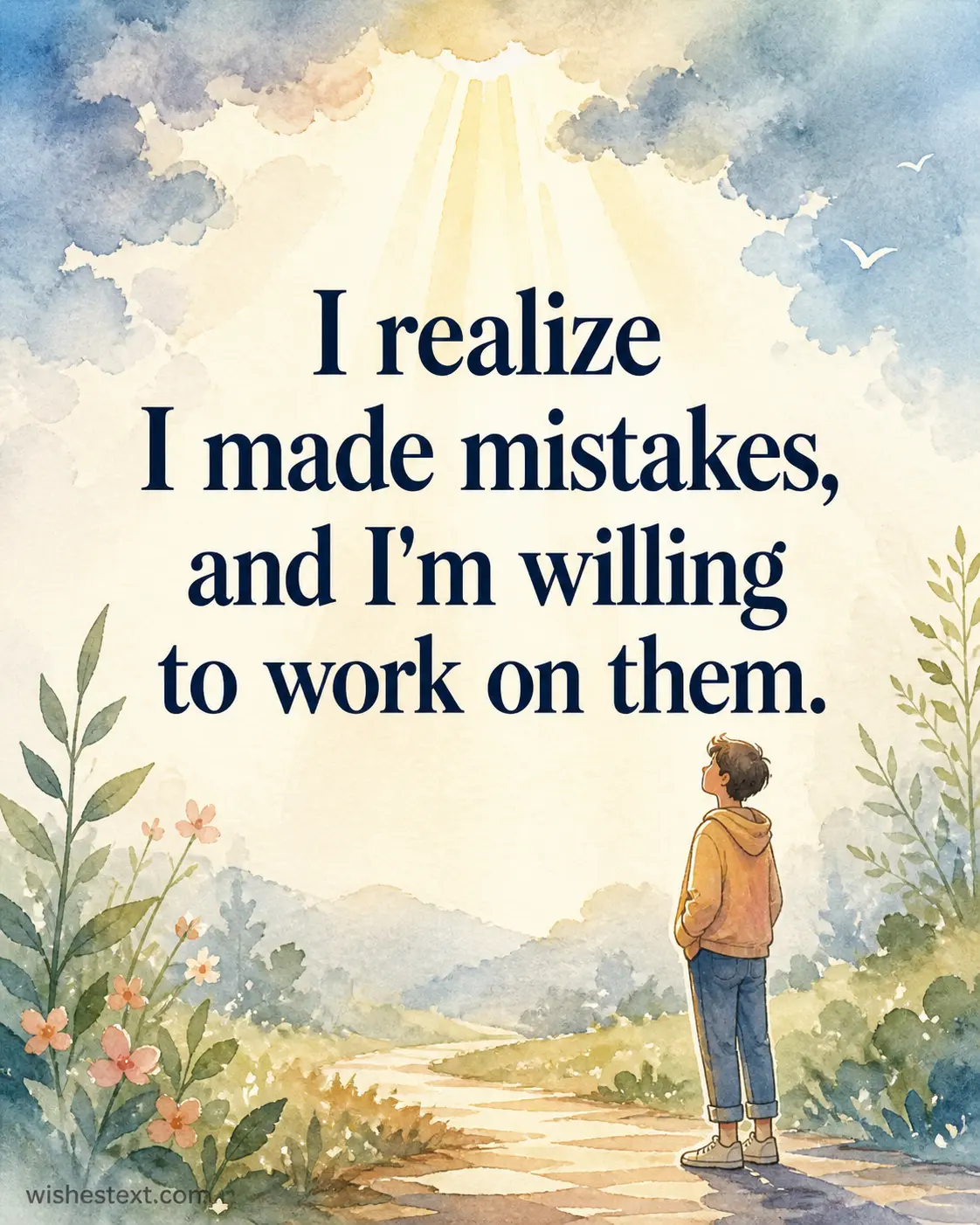 Watercolor style image showing a thoughtful character under light breaking clouds representing personal growth and acknowledging mistakes in a relationship