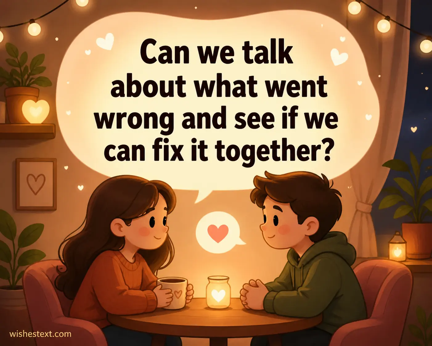 Cartoon scene of two people talking at a table expressing communication and willingness to fix problems together in a relationship