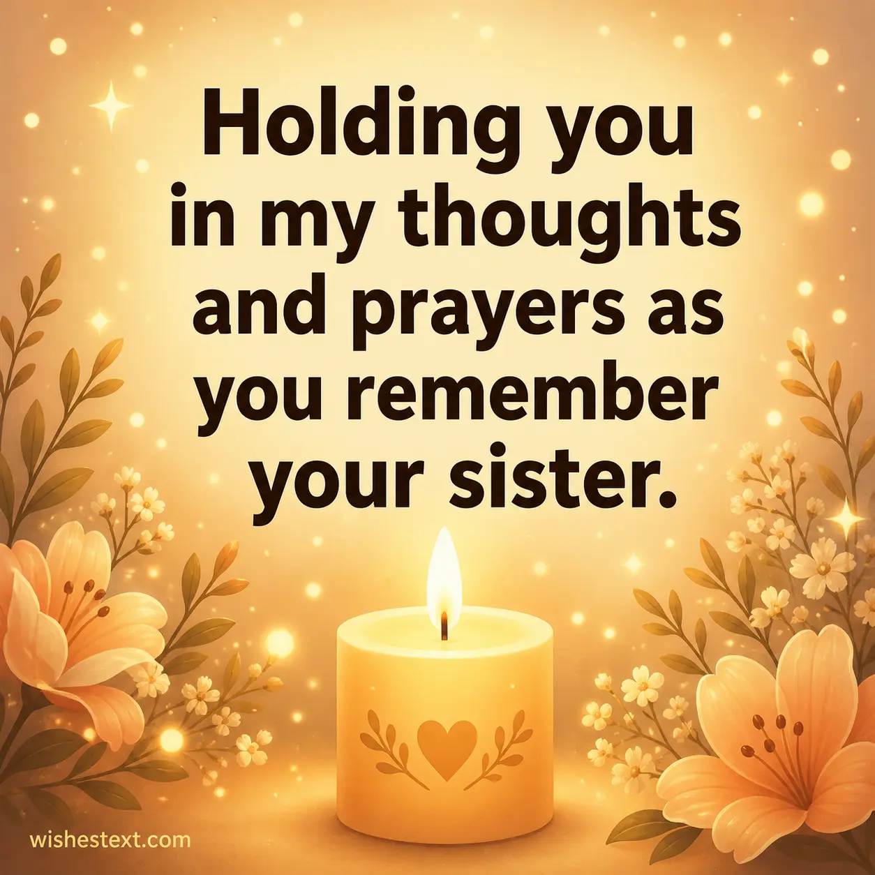 Warm candle illustration representing remembrance and prayer with heartfelt message for someone grieving a sister