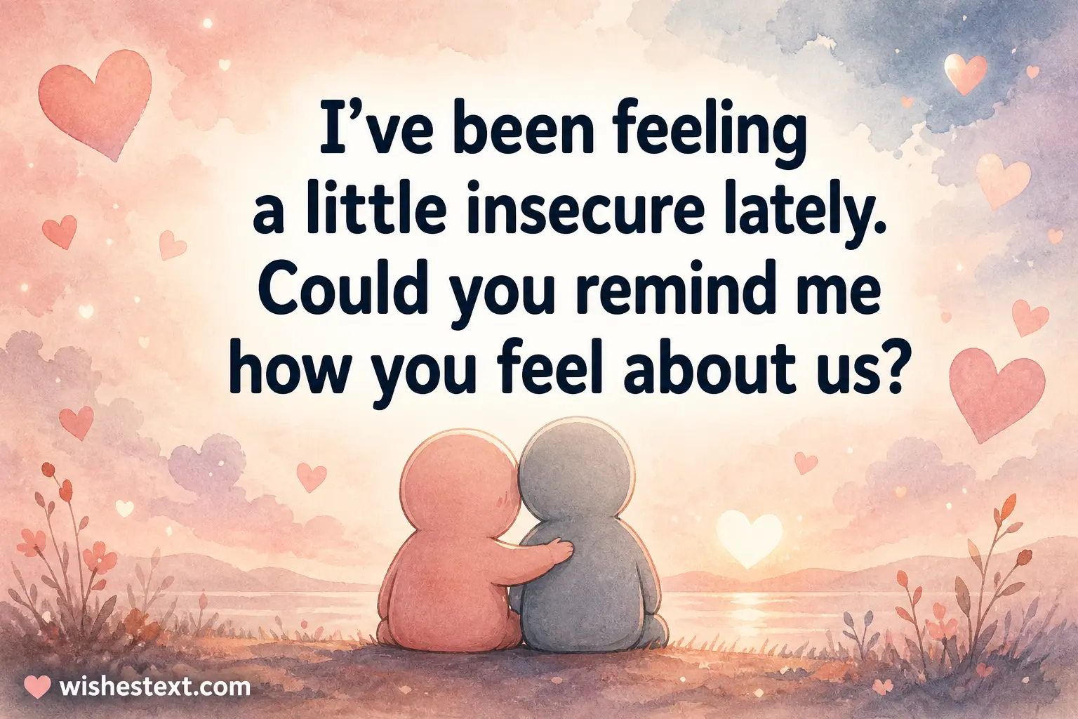 A watercolor-style illustration of two figures sitting together under a calm sky, representing vulnerability and relationship reassurance with a heartfelt quote.